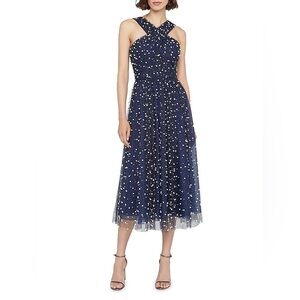 Theia Tatianna Navy Cross-Strap Pearl-Embellished Tulle Midi Dress